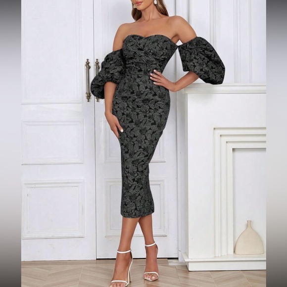 Luxe dusty pink floral jacquard off shoulder party formal evening dress - Picture 16 of 16